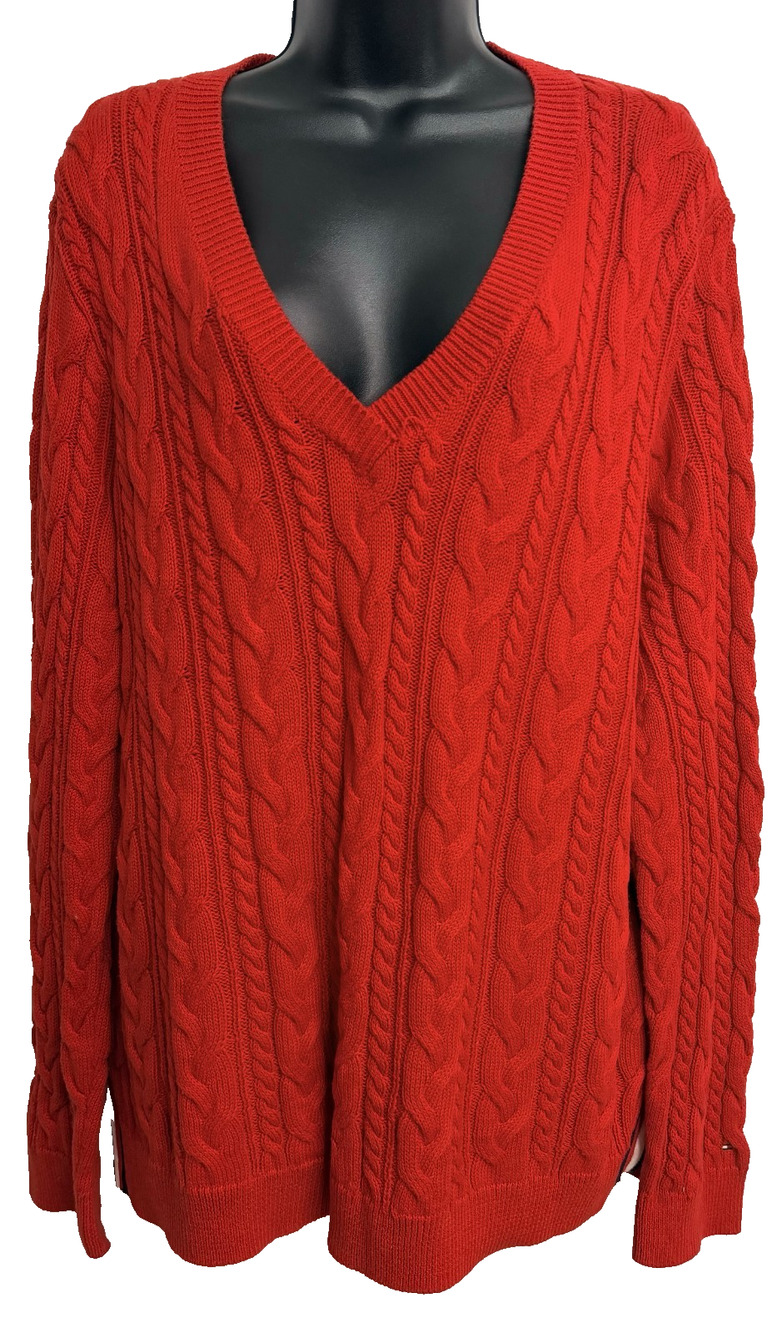 Tommy Hilfiger V-Neck Sweater Women's XL Red Cable Knit Pullover Preppy Classic